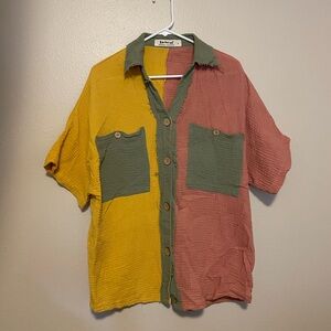 Three Bird Nest Pink and Yellow Button Down Shirt